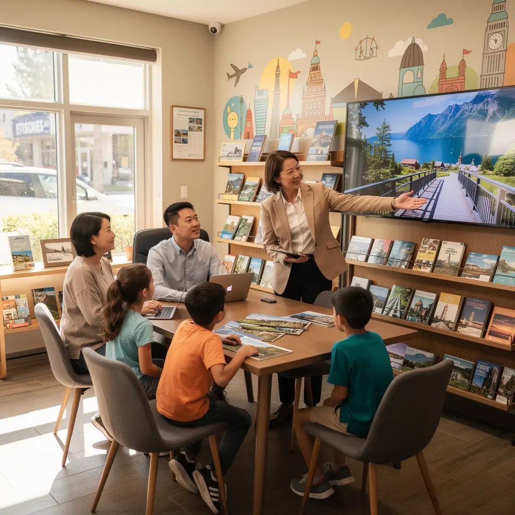 Счастливая семья, исследующая город, с удобной обувью и рюкзаками.